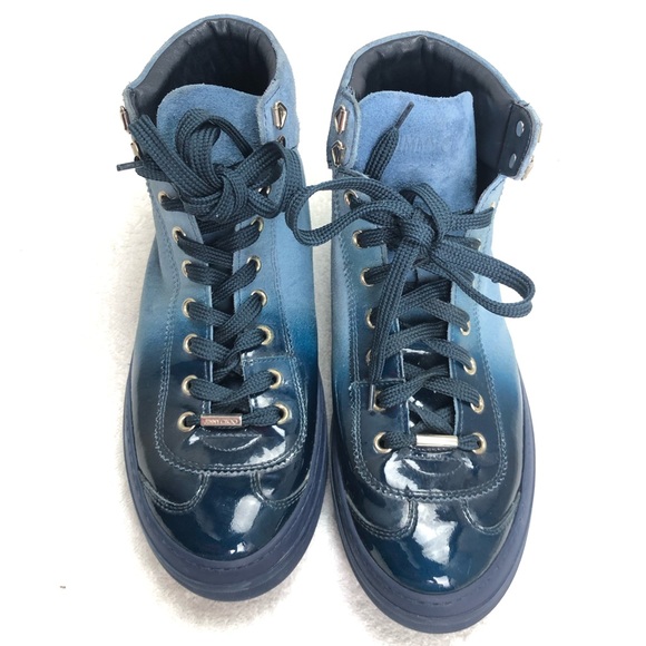 Jimmy Choo Size 8 Argyle Men's Lacquered Suede Dégradé High-Top Sneakers, Blue - Picture 3 of 14